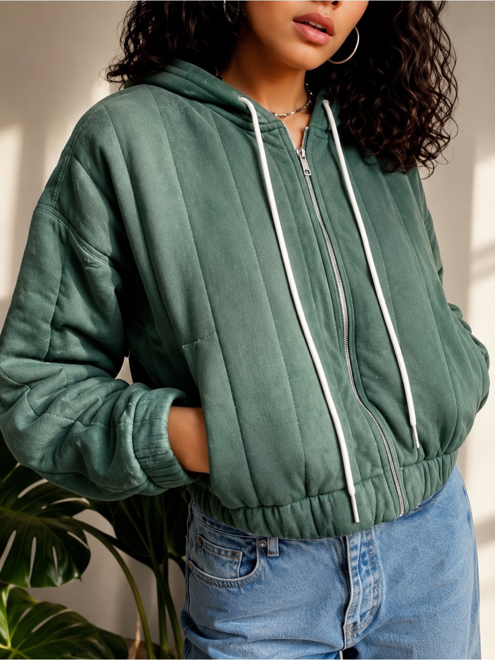 Urban Outfitters Green Quilted Cropped Oversized Hoodie